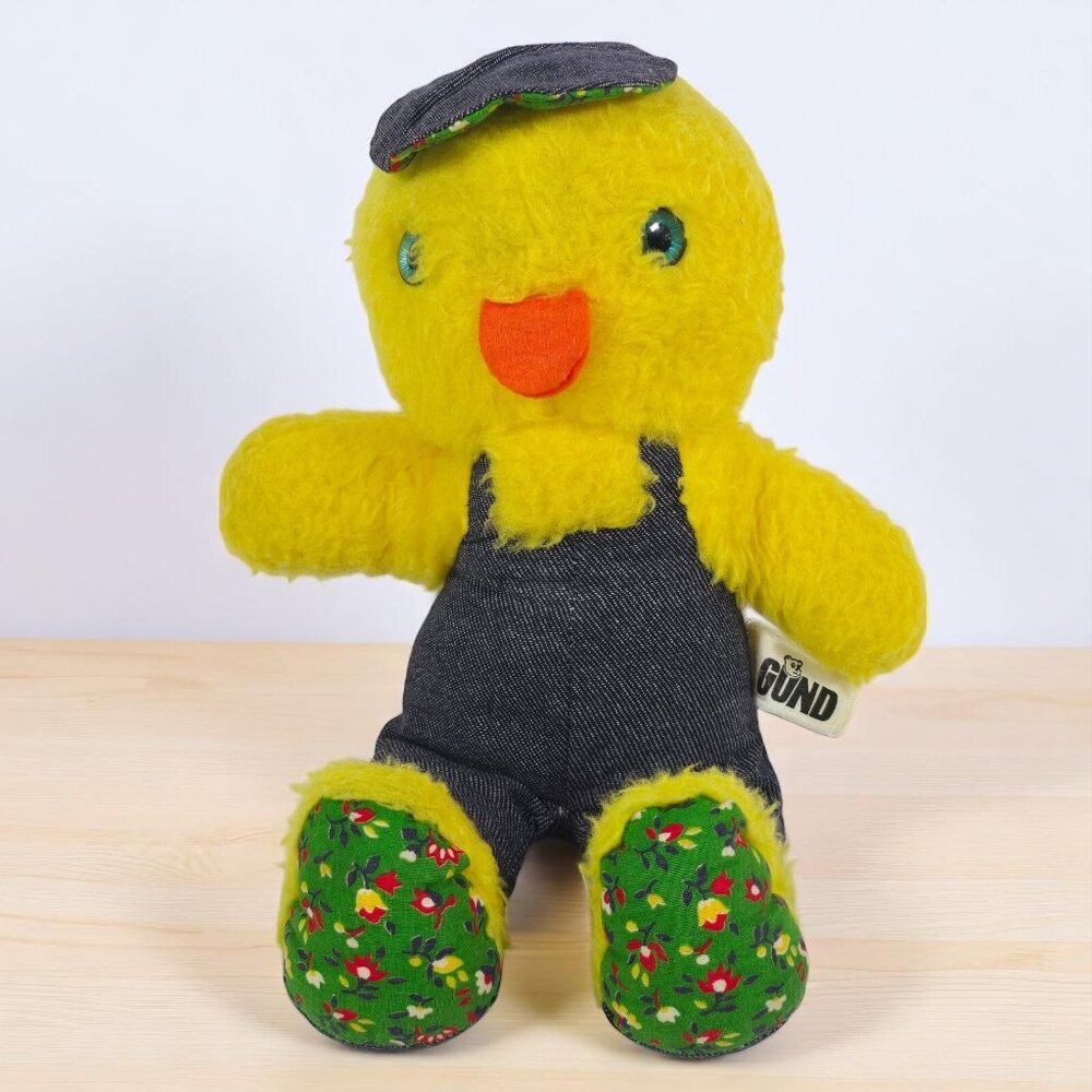 Vintage GUND Duck Plush Toy Yellow Overalls Stuffed Animal 80s Farm Kid Core 14"
